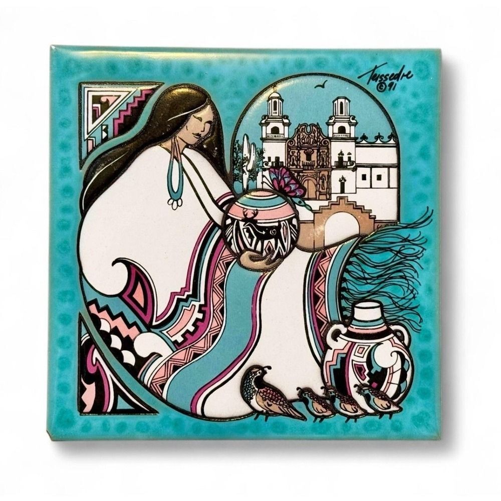 Cleo Teissedre 1991 Vintage Ceramic Hand-Painted Tile Coaster Blue Pink Woman